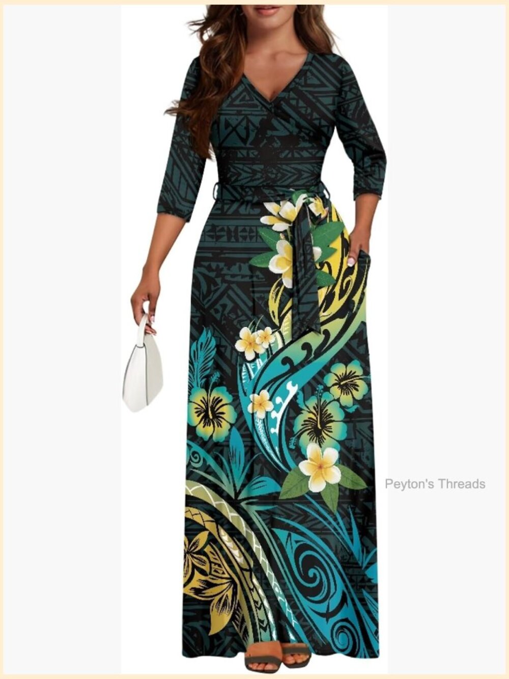 Tie Front 3/4 Sleeve Maxi Dress with Pockets Plus Size
